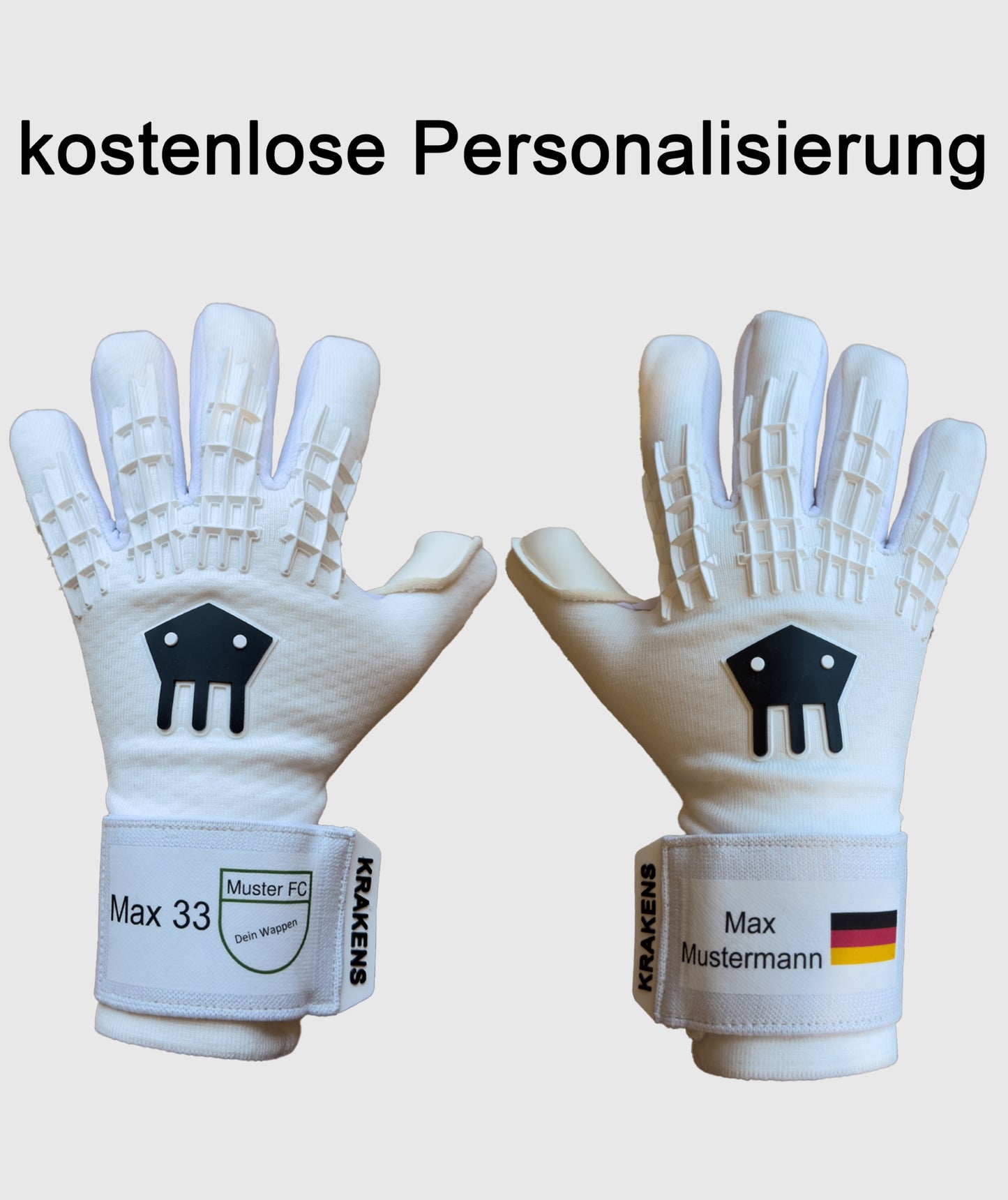 Kostenlose Personalisierung mit Name und Vereinslogo der Torwarthandschuhe White Pro von Krakens Goalkeeping